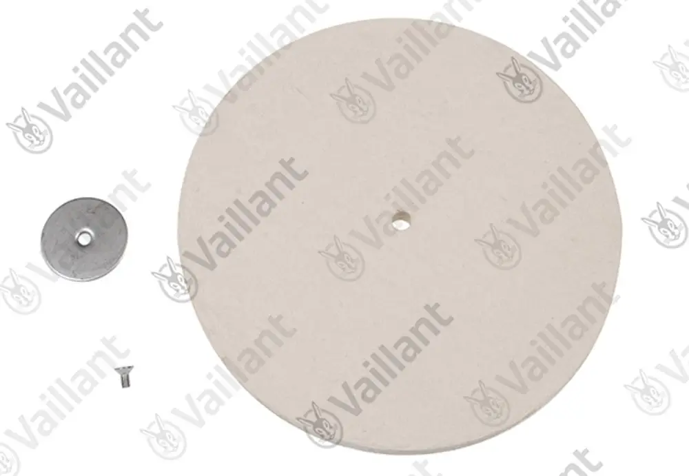 Isolierplatte von Vaillant mit zentralem Loch, daneben eine Metallmutter und eine Unterlegscheibe. Alle Teile auf einem weißen Hintergrund.